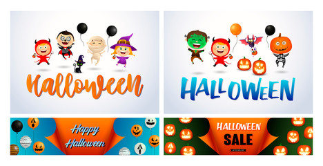 Halloween white, blue, green banner set with monsters
