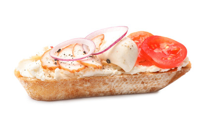 Delicious chicken bruschetta on white background. Traditional Italian antipasto