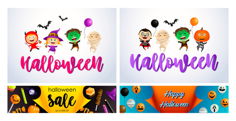 Halloween white, yellow, blue banner set with monsters