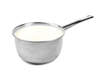 Fototapeta na wymiar Delicious creamy sauce in pan on white background