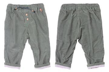 Children pants isolated. Closeup of green gray denim pants isolated on a white background. Sporty...