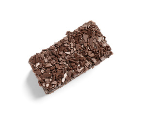 Delicious fresh chocolate cake isolated on white, top view