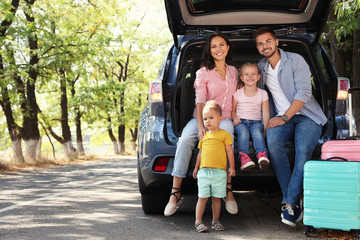 Happy family near car trunk on sunny day. Road trip
