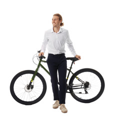 Obraz premium Happy young man with bicycle on white background