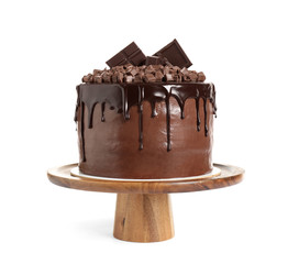 Freshly made delicious chocolate cake on white background
