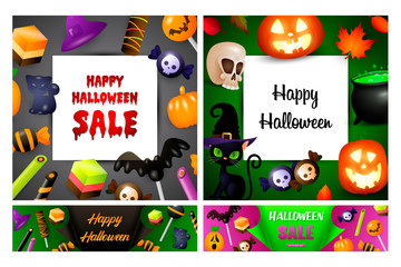 Halloween sale gray, green banner set with pumpkins