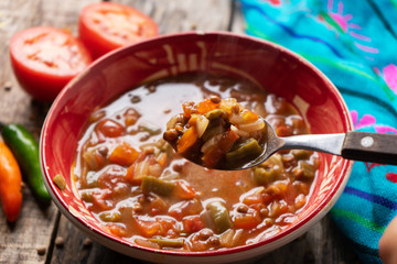 Mexican style lentil soup with tomato and nopal cactus