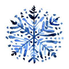 Indigo, blue watercolor snowflake. Christmas Holiday. Scandinavian national ornament, a sign of winter, a symbol of a happy New Year.Perfect for invitations, greeting cards, blogs, posters, print