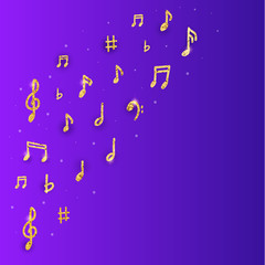 Fototapeta premium Music poster design with golden notes and waves on dark gradient. Abstract jazz flyer