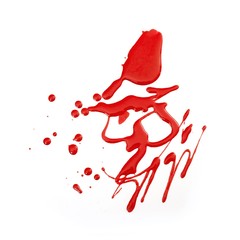 Drops of red liquid (blood, nail polish, ketchup, dressing) isolated on white background