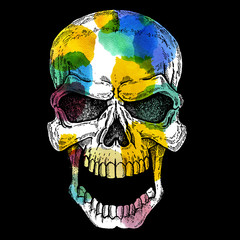Conceptual human skull colorful illustration with watercolor spots. Halloween, tee shirt print.