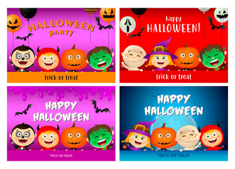 Fototapeta premium Happy Halloween purple, red, blue banner set with monsters