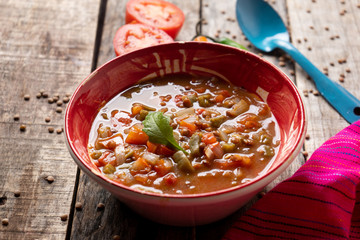 Mexican style lentil soup with tomato and nopal cactus