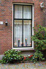 jarrones con flores detrás de una ventana