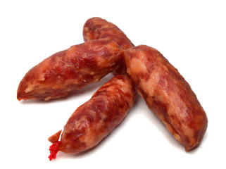 Smoked sausages on white background