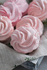 Homemade pink marshmallow on the napkin with Christmas fir-tree branches