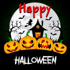 Happy Halloween background with funny pumpkins and witch's house. Vector illustration