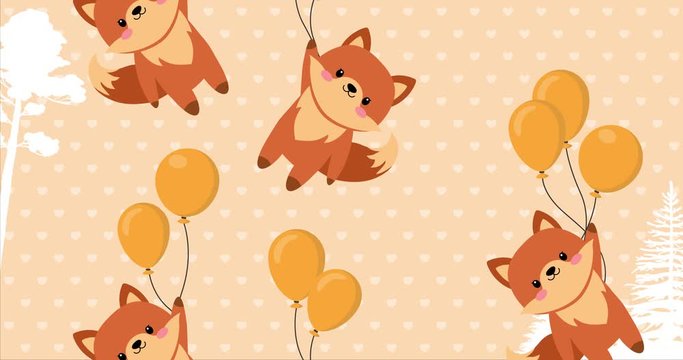 Cute baby fox flying in the sky between colorful balloons, animation made in 4K cartoon vector design, with orange background. For Baby shower, celebration, invite, postcard...