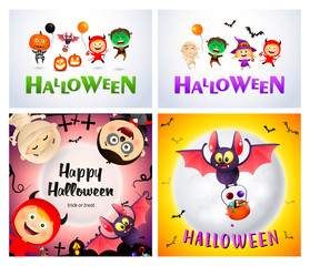 Halloween white, pink, orange banner set with monsters
