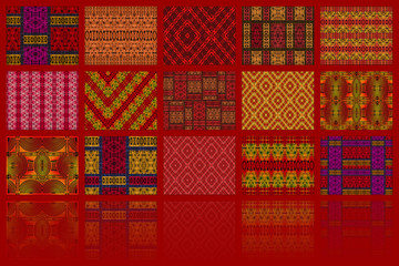 Fototapeta premium Mosaic of African fabrics, red background