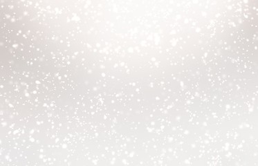 White light snow on pearl glow blurry background. Winter wonderful subtle illustration. Pastel soft texture.