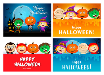 Happy Halloween blue, red, orange banner set with monsters