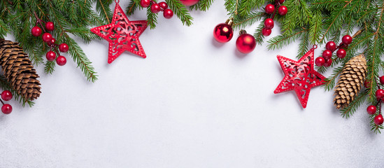Christmas background with fir tree and red gifts. Top view Copy space Horizontal banner - Image