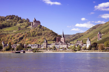 Fototapeta na wymiar View of the village Bacharach and Castle Stahleck on the banks of the Rhine. Rhine Valley, Rhineland-Palatinate, Germany, Europe