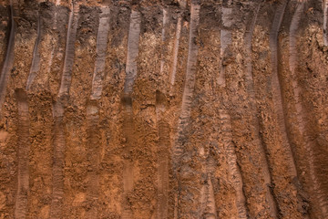 Tracks from the excavator bucket on the background of the earth. Earthwork at a construction site.