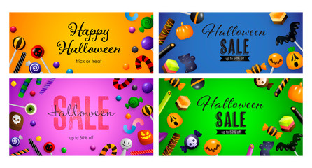 Halloween sale green, pink banner set with sweets