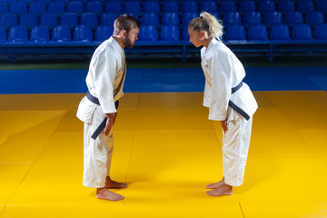 Martial arts. Sparing Portners. Sport man and woman greet each other before a fight in the sports hall