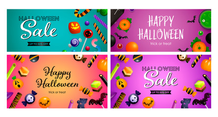Halloween sale pink, violet banner set with sweets