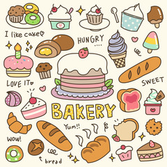 Set of Cute Bakery, Pastry and Dessert Doodle. Hand Drawn. Vector Illustration.