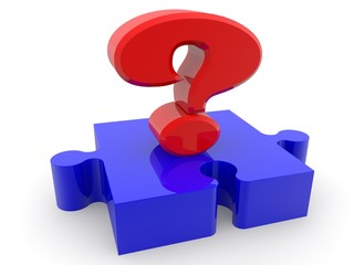 Blue piece of a puzzle with a red question mark in the center