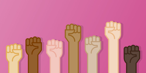Multiracial fists hands up vector illustration. Breast cancer awareness month. Pink color. Flat design