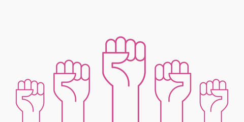 Fists hands up vector illustration. Breast cancer awareness month. Pink color. Flat outline design.