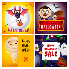 Fototapeta premium Halloween yellow, blue banner set with vampire, mummy, bat