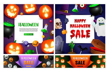 Obraz premium Halloween sale violet, blue banner set with pumpkins