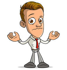 Cartoon brunette standing funny serious surprised boy character showing palms gesture with red tie. Isolated on white background. Vector icon.