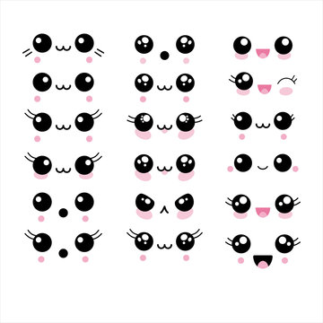 Vector illustration set of 18 cute kawaii anime faces. Happy, animal, eyelashes, cheeks.