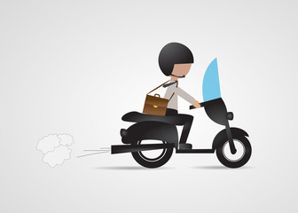 Businessman Riding Motorcycle - Vector. Businessman Sitting On Motorcycle - Isolated On Gray Background. Cartoon Character Vector. Business Man On Scooter Going To Work. Business Concept