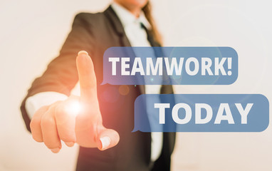 Text sign showing Teamwork. Business photo text combined action of group especially when effective and efficient Digital business in black suite concept with business woman