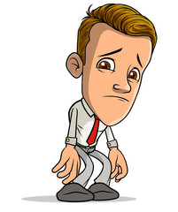 Cartoon brunette standing funny tired sad boy character with red tie. Isolated on white background. Vector icon.