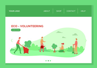 Vector website template with set of characters on environmental issues. Boys and girl planted and watered trees.