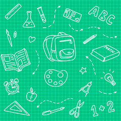 Back to school - blackboard doodle. Lessons objects drawn by hand in a childish manner. Cute vector outlined cartoon drawings. 