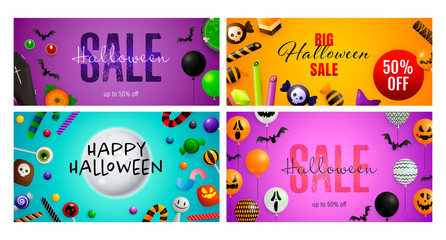 Halloween sale blue, violet banner set with sweets, balloons