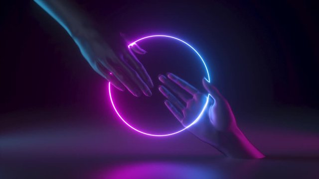 3d hand isolated on black background. Spinning glowing rings. Neon light. Trick performance, magical show concept.