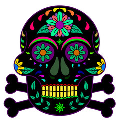 Day of The Dead, skull with floral ornament. Black, blue, yellow, magenta, green, yellow green, red colors, white background