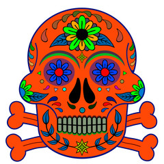 Day of The Dead, skull with floral ornament, red orange, red blue, green, yellow colors, white background