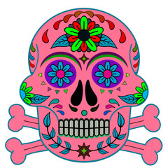 Day of The Dead, skull with floral ornament, pink, blue, lime, green colors, white background